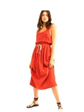 Free People Those Sunshine Feels Midi Dress Coral Drawstring Waist Small